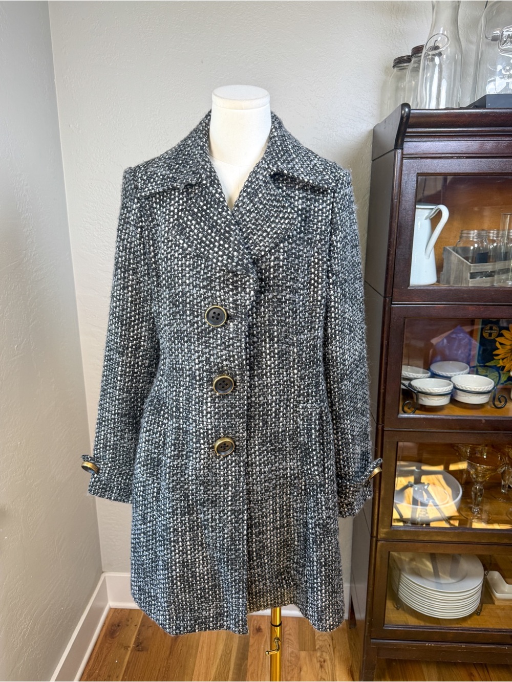 CAbi Women’s Tweed Wool Blend Swing Coat Black White Size M